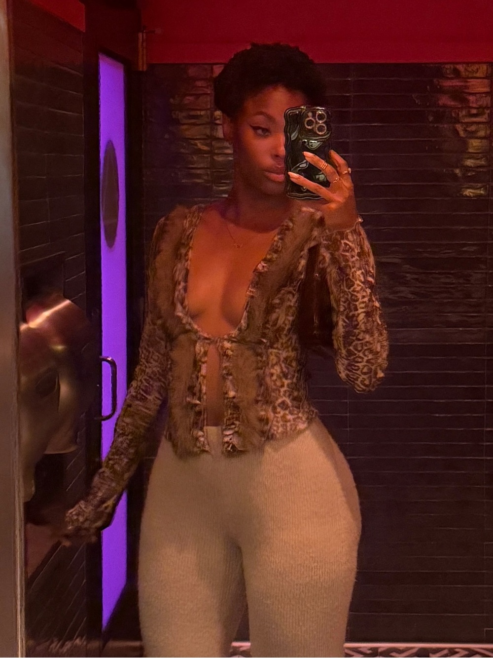 Sheer Snake Print Tie-Front Top in Brown